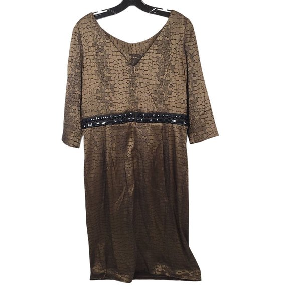 Alex Evenings Dress Size 12 Bronze Brown Croc Print Beaded Embellished Waist - Picture 2 of 11